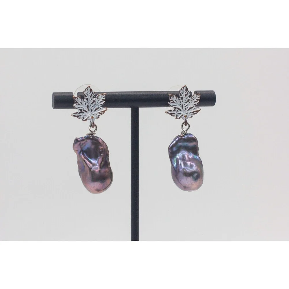 12mm Black Peacock Baroque Pearl Leaf Stud Earrings White Patina Bronze Handmade